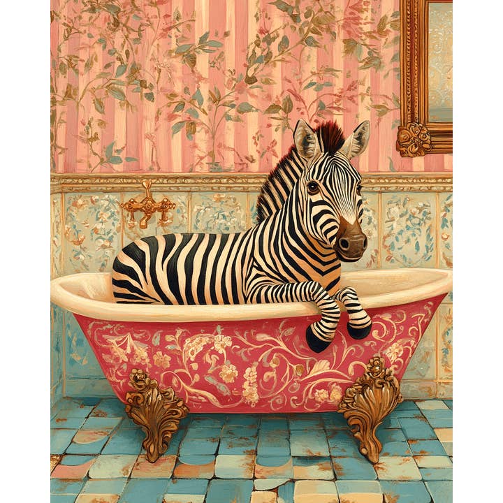 Mowbi - Vendita all'ingrosso Stampa artistica - Zebra in vasca da bagno vintage rosa - Stampe d'arte da parete per il bagno – Opera d'arte 8″x10″ per cornice 11″x14″