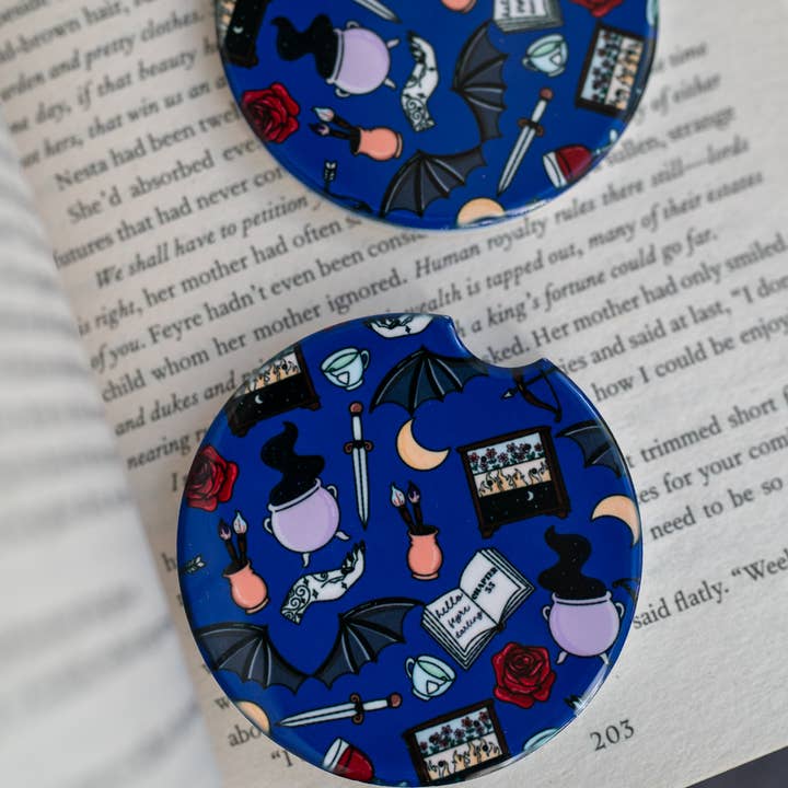 Bookish Fae Fantasy - Ceramic Car Coasters (Set of 2) for wholesale by Wicked Creatiff