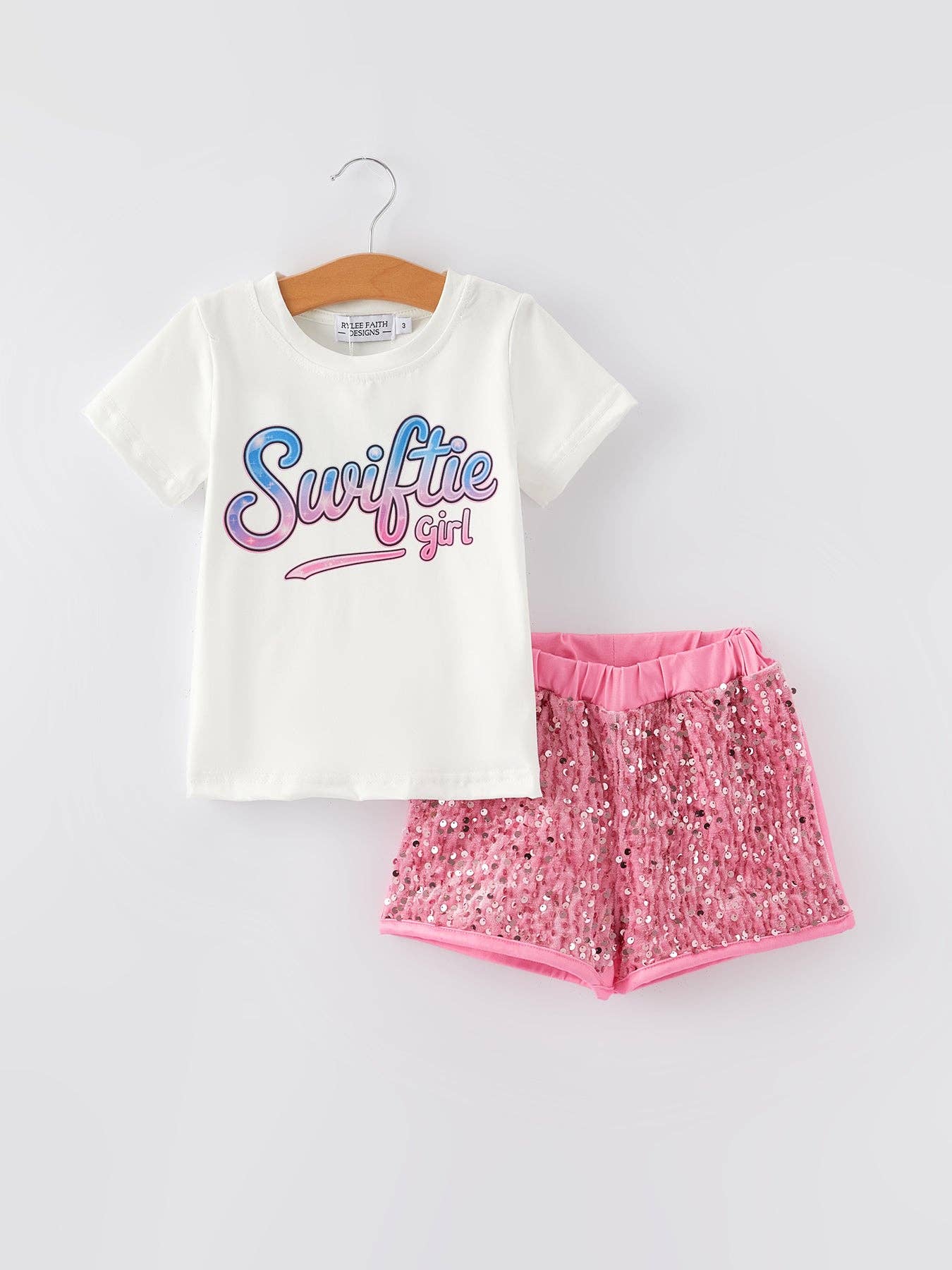 Rylee Faith Designs - Wholesale Top & Short Set - Kids - "Swiftie girl" Print Top+Sequined Shorts0