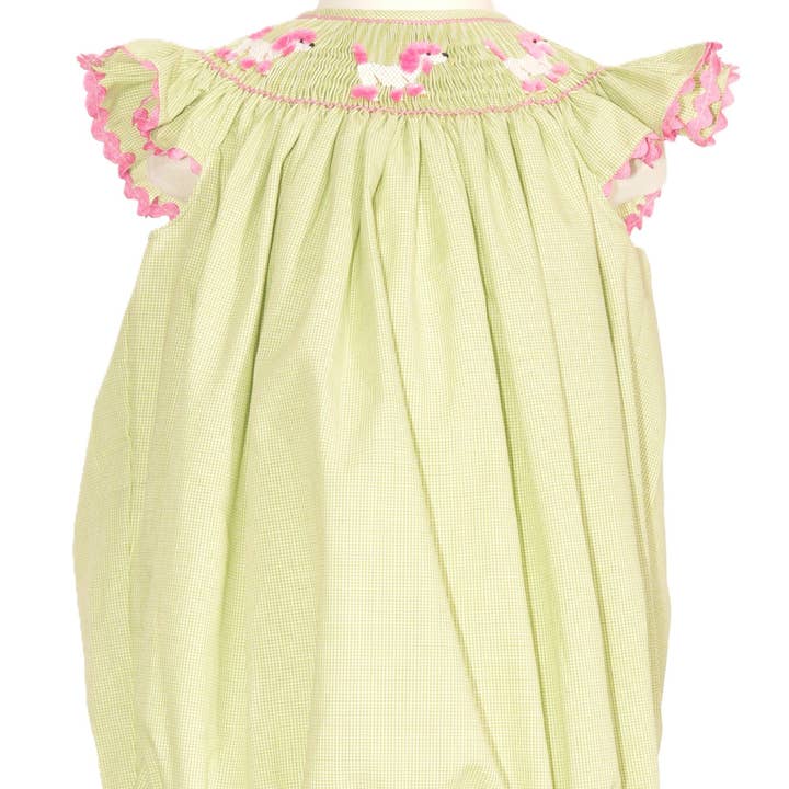 Grön Gingham Pudel Smockad Änglavinge Bubbel för wholesale av Hello Bebes!