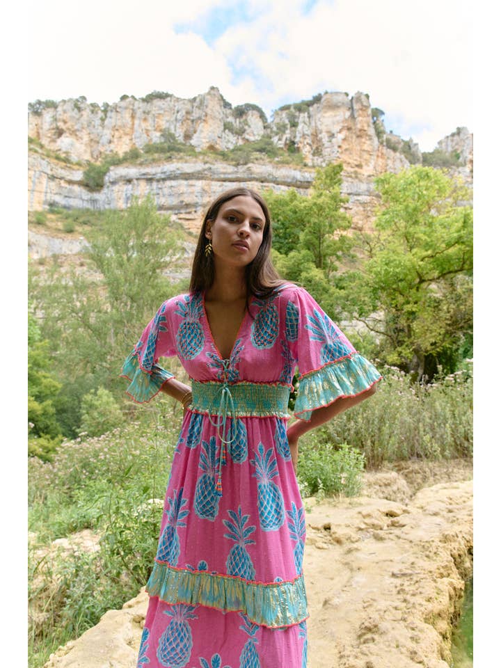 Piti Cuiti - Wholesale Dress - Women's - PINK PINEAPPLE LONG DRESS WITH LONG SLEEVES