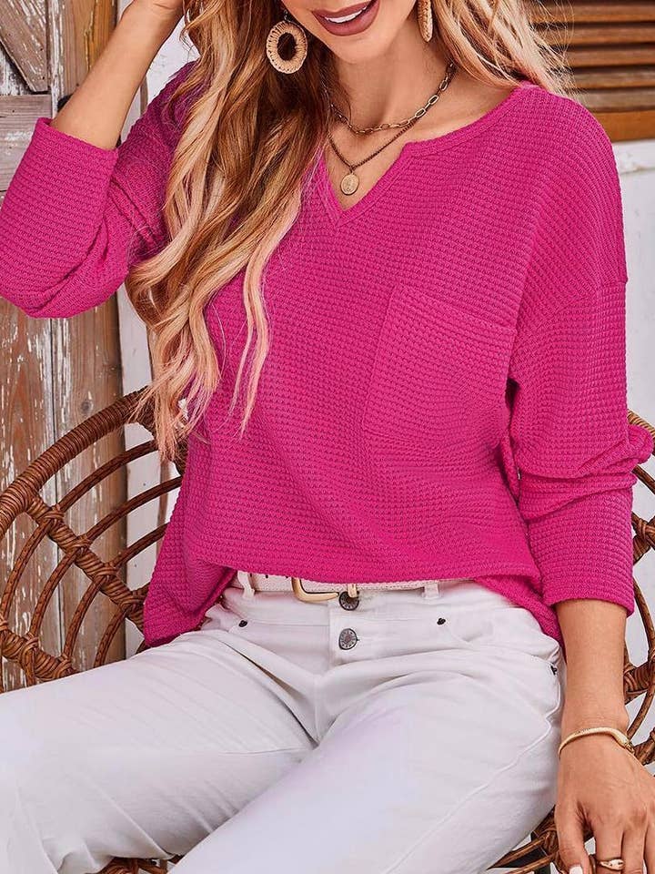 Solid casual waffle long-sleeved sweatshirt top for wholesale by HIDDENBRAND