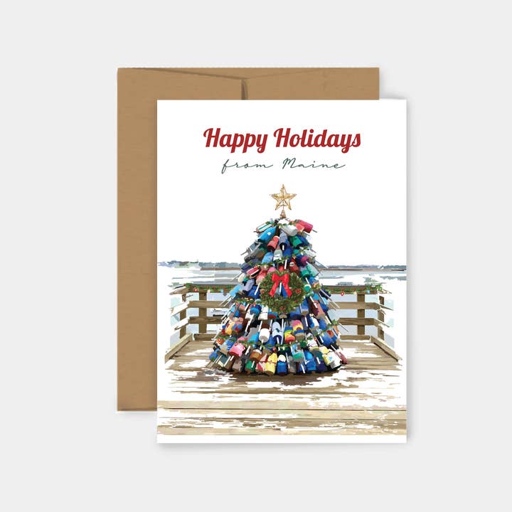 Lobster Buoy Christmas Tree Holiday Card | Happy Holidays for wholesale by Reclaimed Maine Co.