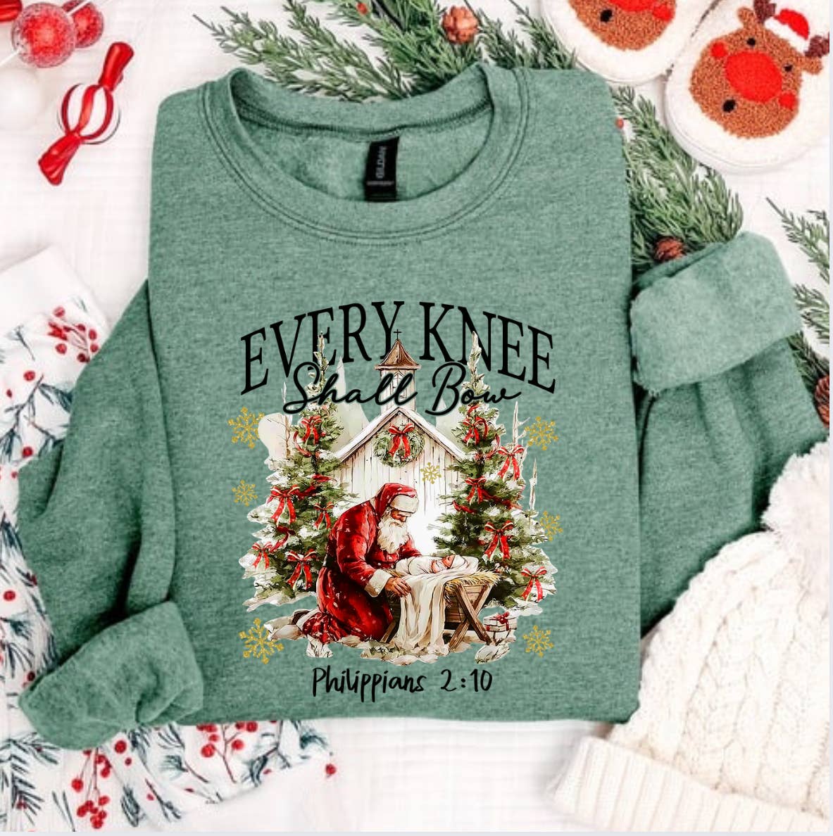 Posh Magnolia Boutique - Wholesale Graphic Sweatshirt - Women's - Every Knee Shall Bow Philippians Christmas Faith Sweatshirt1