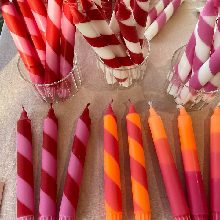 Florrie and Wren - Wholesale Tapered candle/candlestick - Hand Dipped Colourful Red & Pink Stripe Candy Cane Candles2