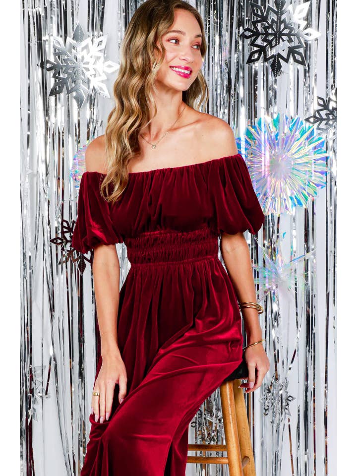 Vine & Love - Wholesale Dress - Women's - Square Neck Puff Sleeve Smocked Velvet Maxi Dress VD82053