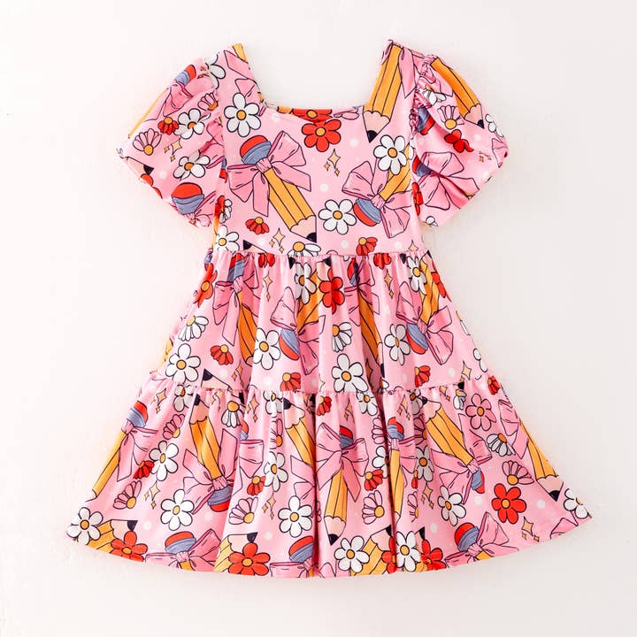 Back to School Puff Sleeve Dress – Apple, Pencil & Car Print for wholesale by Auraquise