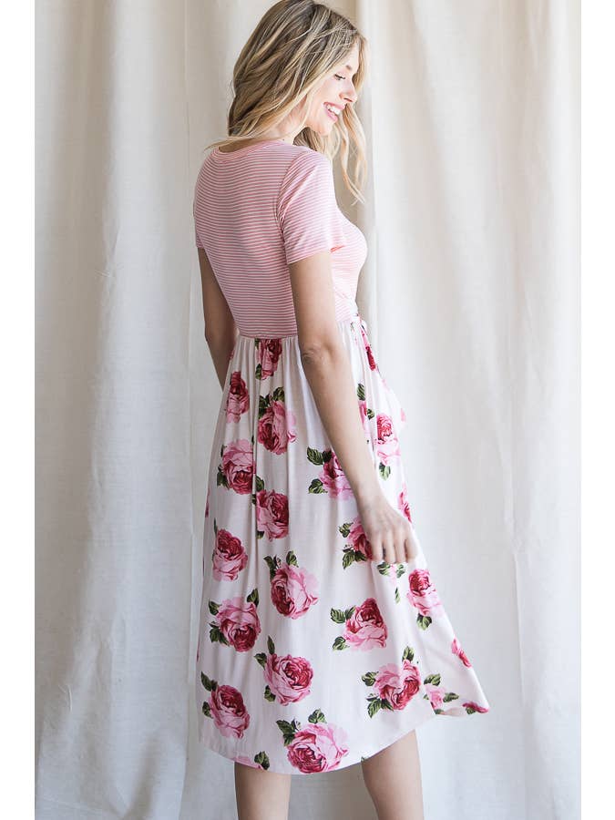 7th Ray - Wholesale Dress - Women's - Floral Waist Tie Short Sleeve A-Line Midi Dress D41991