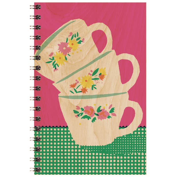 Carnet en bois d'érable 10 x 15 cm avec motif tasses pour la vente par Woodhi