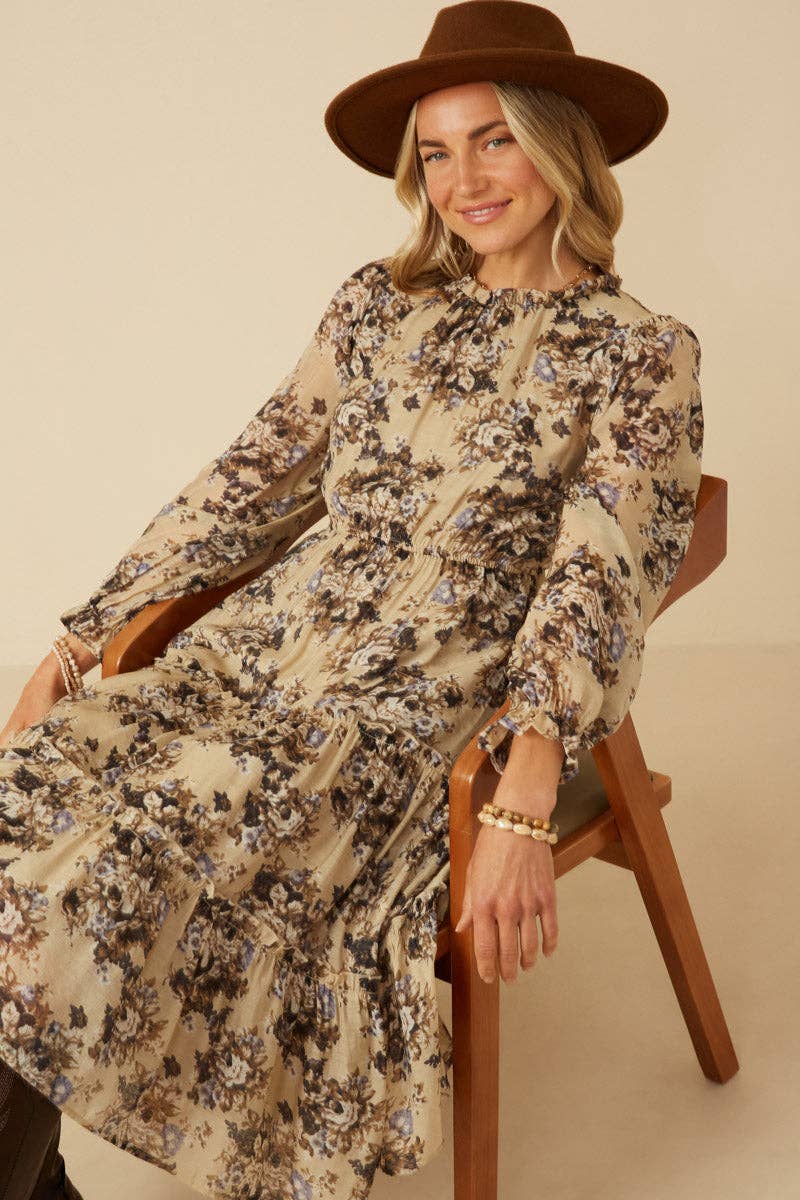 Taupe Damernas romantiska blommiga klänning med volangdetaljer i lager för wholesale på Faire6