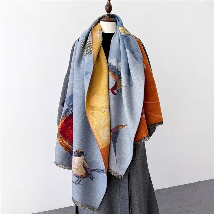 BLUE Jacquard Fringed Cashmere-Like Scarf for wholesale on Faire2