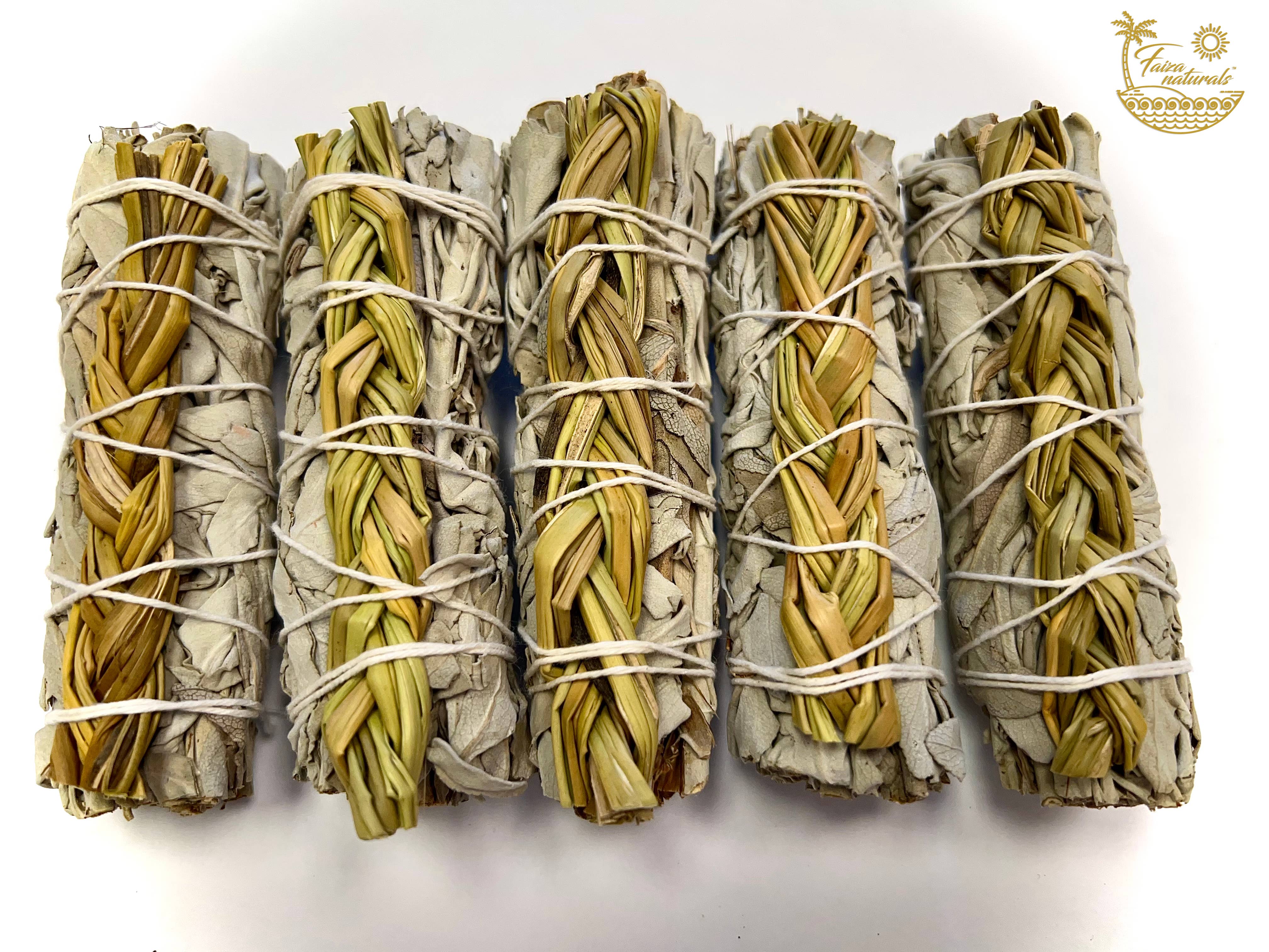 Faiza Naturals - Wholesale Sage Bundle - Braided Sweetgrass with White Sage Bundles2