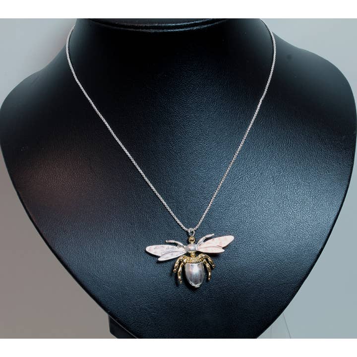 Silver & Gold Tone Articulated Bee On Chain Necklace for wholesale by Western Counties Wholesale