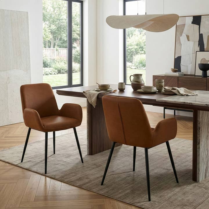 Set of 2 Alrik Caramel Brown Arm Chair with Zigzag Stitching for wholesale by Glamour Home