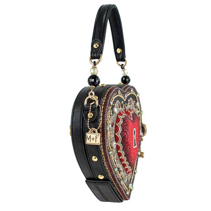 Mary Frances Accessories - Wholesale Top Handle Bag - Women's - Embrace Red Beaded Heart Key Hole Top Handle Bag