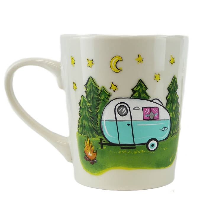 Happy Camper Campfire Hand Painted Gift Souvenir Coffee Cup for wholesale by Classy Art Designs, LLC