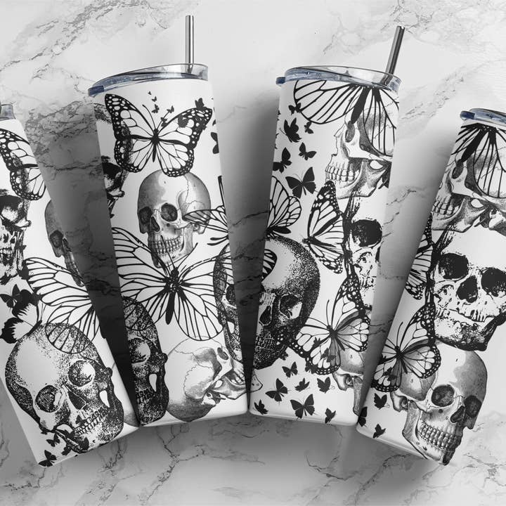 Skulls & Butterflies Tumbler for wholesale by Drifting Dogwood Designs