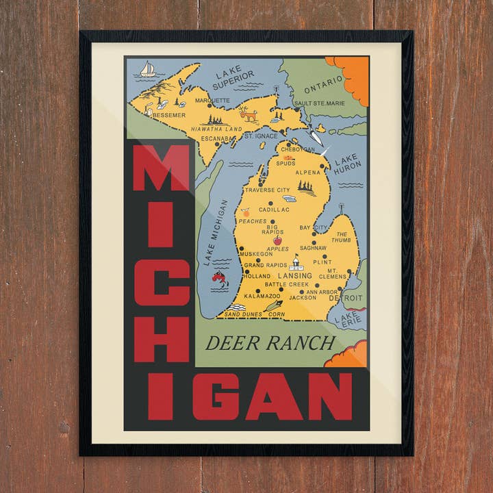 11" x 14 Michigan Retro Style State Map Print for wholesale by Fridgedoor