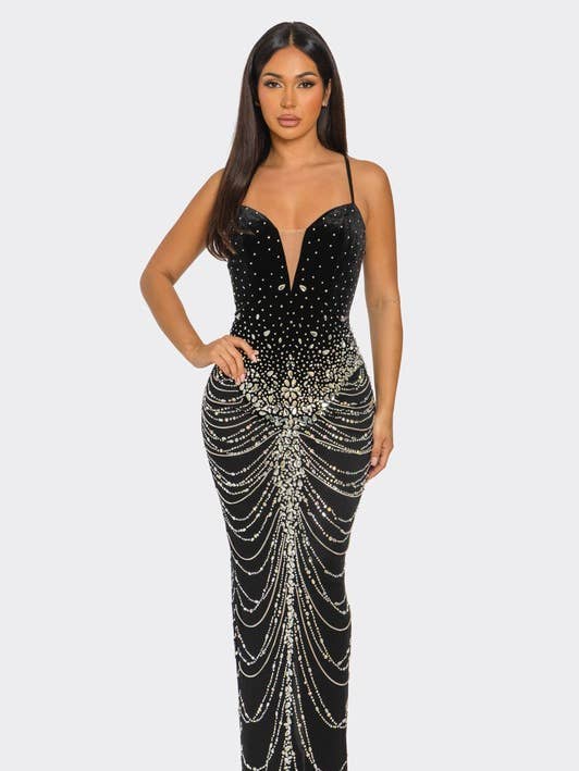 BCCDS45036 Rhinestone Embellished Draped Chain-Like Dress for wholesale by BANJUL