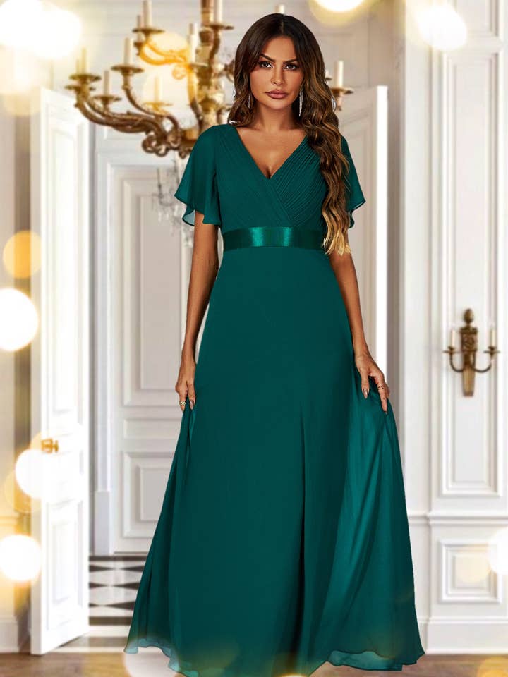 Angel Sleeves Empire Waist Bridesmaid Dress In Green for wholesale by FS Collection