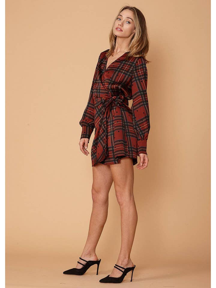 Robin K - Wholesale Dress - Women's - Women's Plaid-Polka Dot Mini Wrap Dress in Brick3