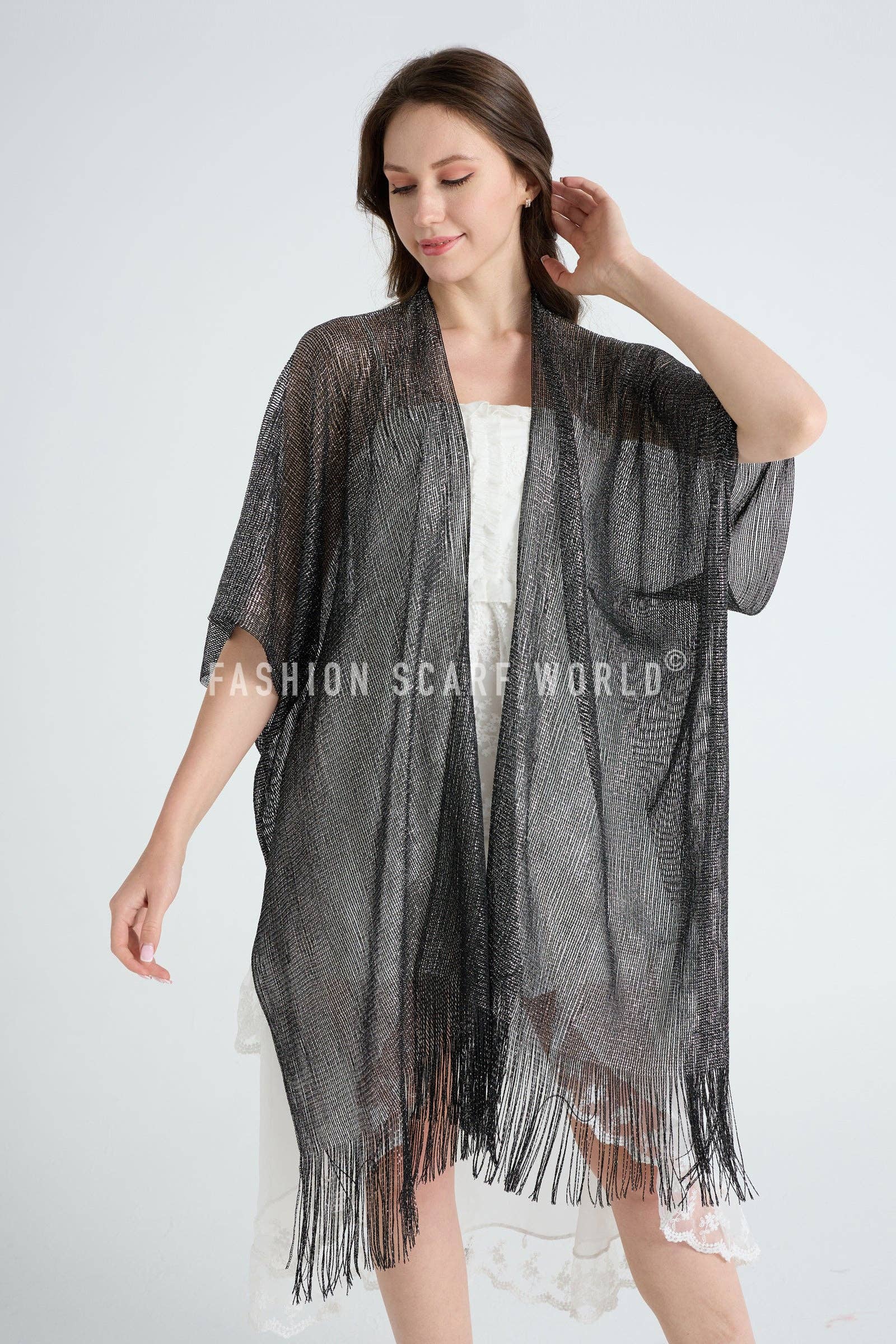 Fashion Scarf World – wholesale Swim cover-up – Women’s – Metallic Thread Tassel Edge Kimono / Coverup5