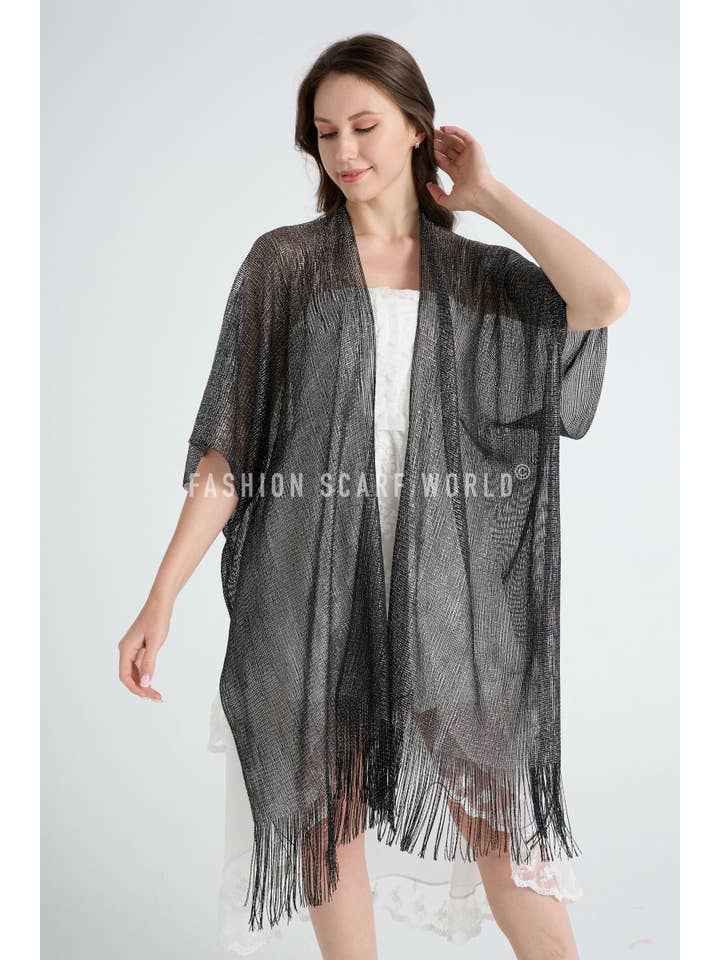 Fashion Scarf World - Wholesale Swim Cover Up - Women's - Metallic Thread Tassel Edge Kimono / Coverup5