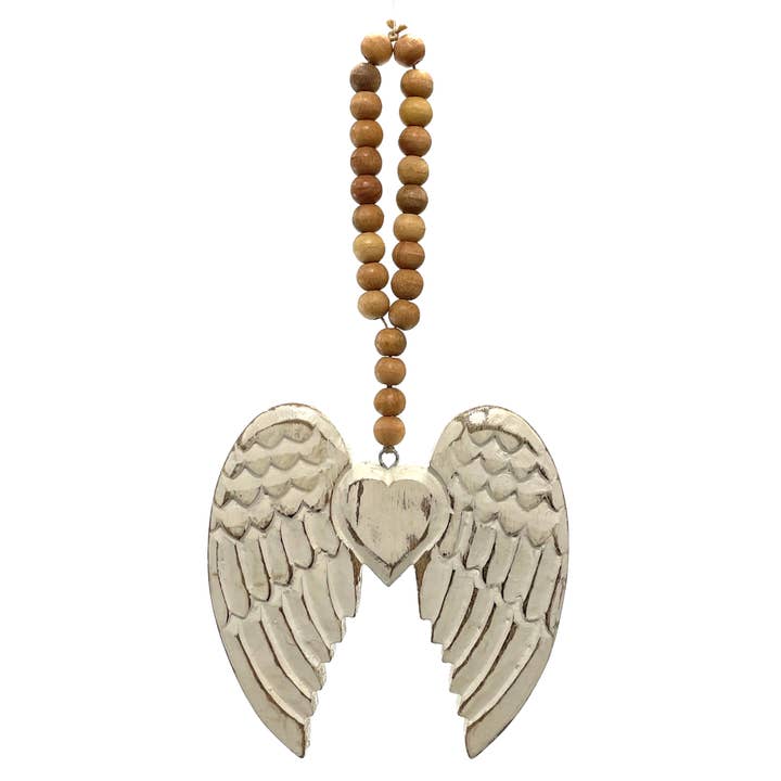 Bois de manguier avec perles - Ailes d'ange blanc vintage 15 cm pour la vente par Jafsons International