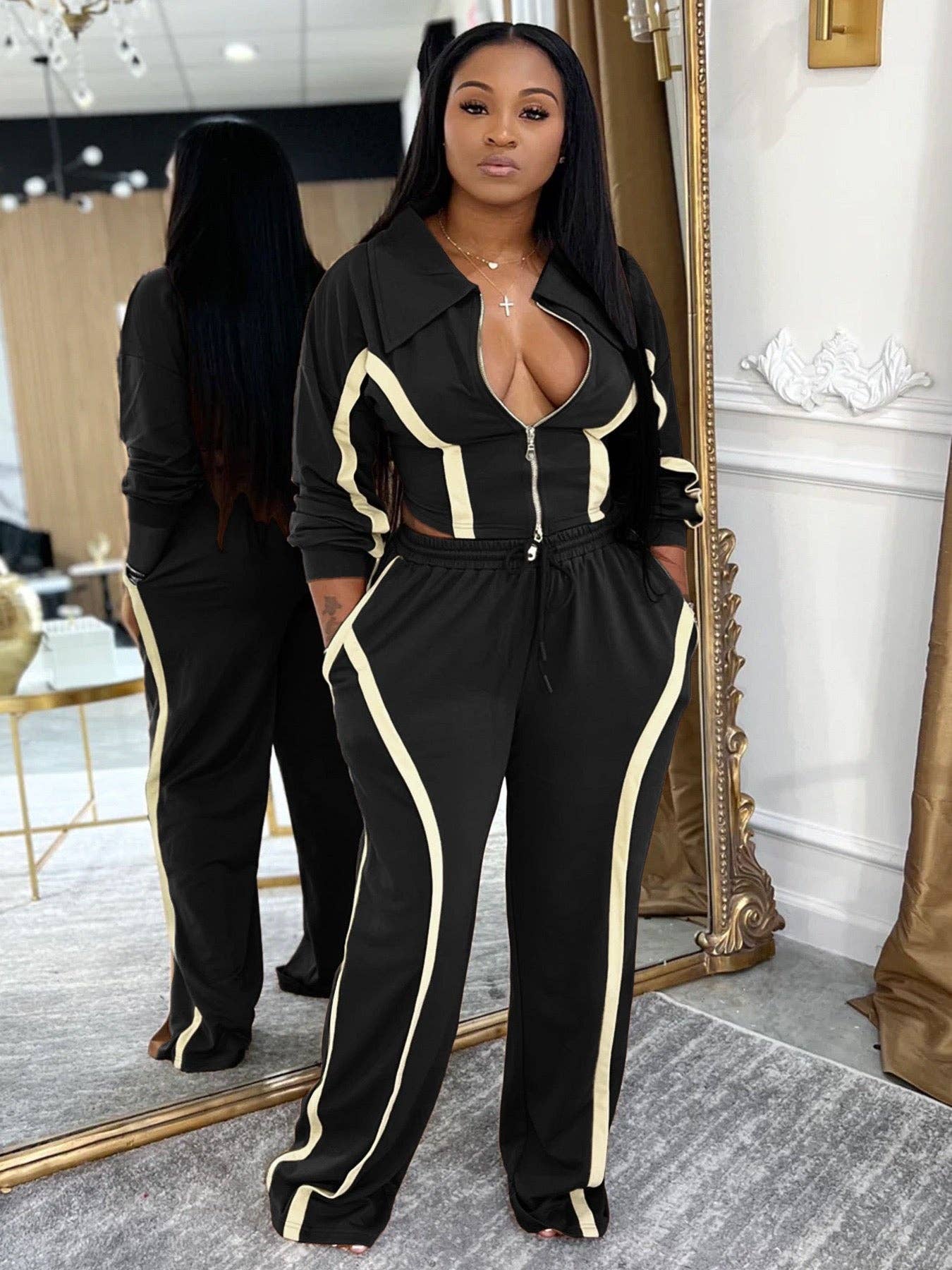 MB Fashion Wholesale - Wholesale Lounge Set - Women's - MB FASHION Zip-Up Contrast Stripe Two-Piece Lounge Set 50390