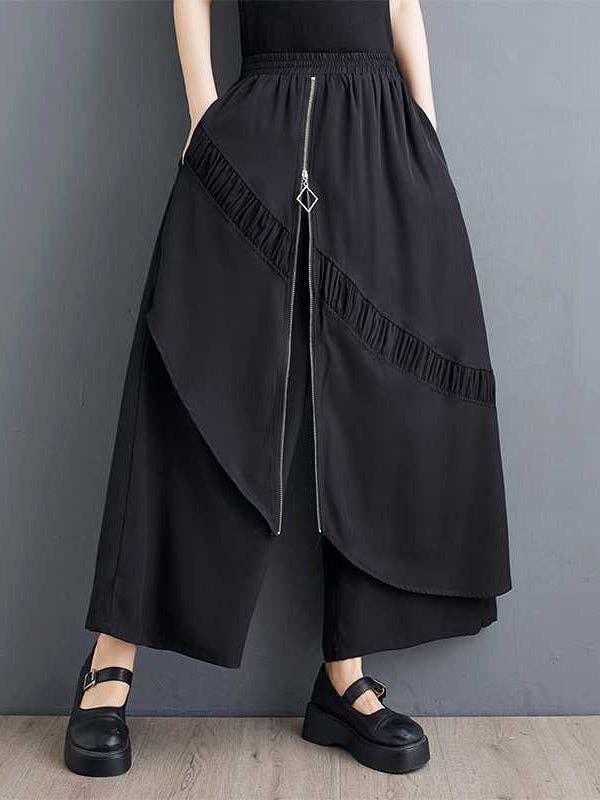 Plush Looks - Wholesale Pants - Women's - High Waisted Loose Elasticity Pleated Pockets Split-Joint Zipper Culotte Pants0
