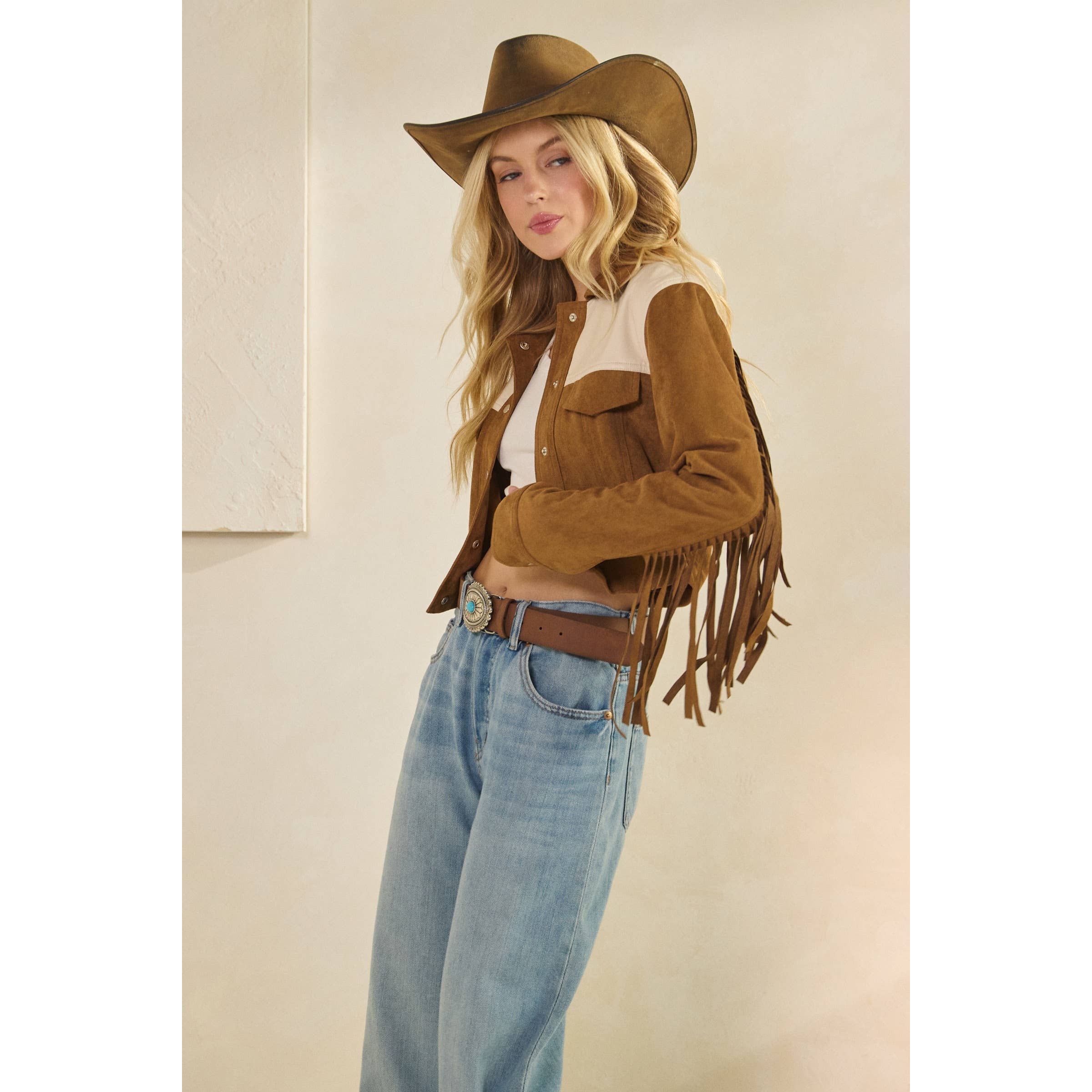 Camel Suede Jacket with Fringe Detail for wholesale on Faire18