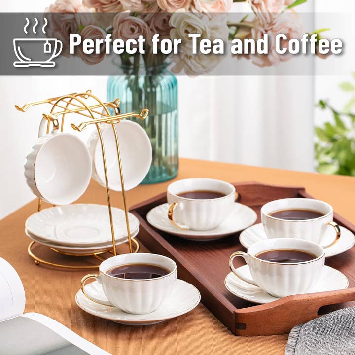 Brew To A Tea - Wholesale Tea Set - BTaT Elegant White Tea Cups Set of 6 with Gold Rim4