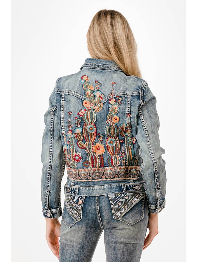 Grace in LA - Wholesale Denim Jacket - Women's - Floral Embroidery Detail Denim Jacket | TE-61880