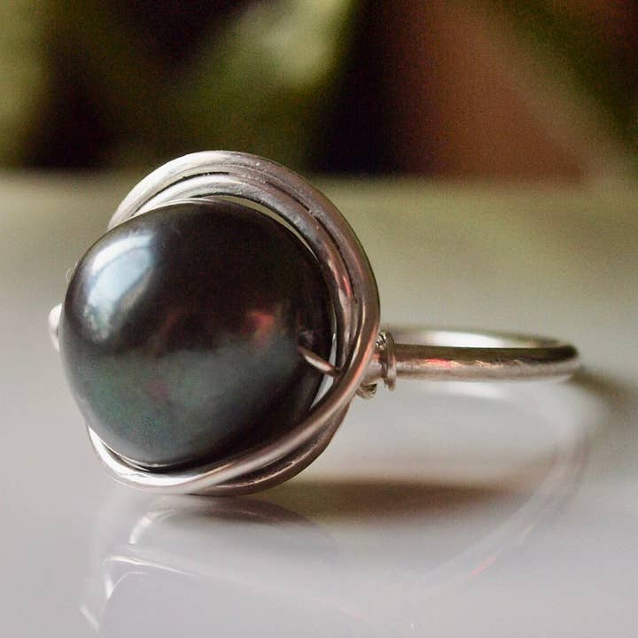 Large Black Pearl Sterling Silver Ring, June Birthstone for wholesale by Siebijoux