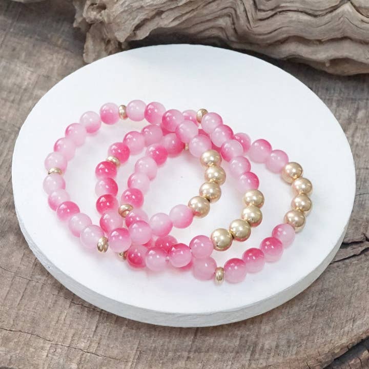 PennyLine inc - Wholesale Beaded Bracelet - Worn gold tone and glass beads bracelets stack Hot Pink Blue Green