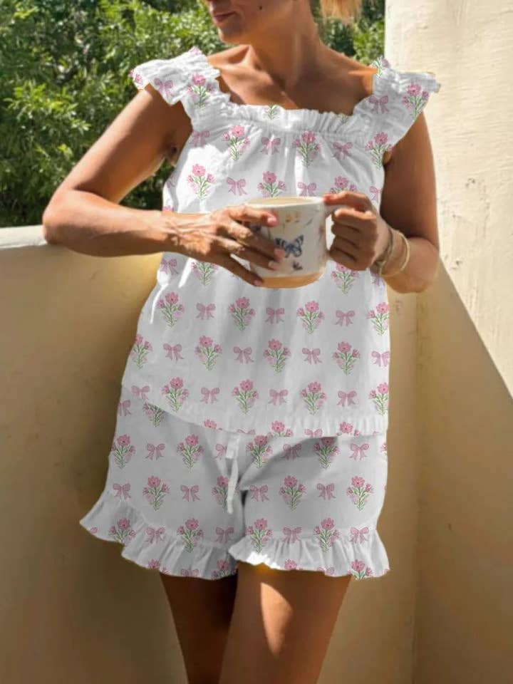 Rosa Clothing - Wholesale Top & Short Set (NOT Loungewear) - Women's - Floral & ribbon bow print ruffled tank top shorts set16