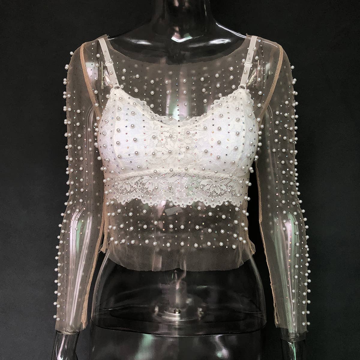 Rosa Clothing - Wholesale Blouse - Women's - pearl rhinestone sheer mesh see through top22