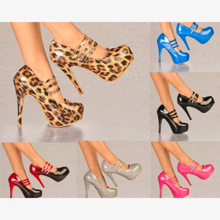 LADIES GLOSSY PLATFORM HIGH HEEL BUCKLE STRAPPY EVENING PARTY COURT SHOES for wholesale by ShoeBox Botique