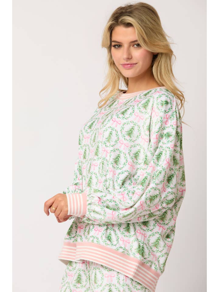 IVORY LT GREEN PINK Christmas Tree & Bow Prints Loungewear Top for wholesale on Faire