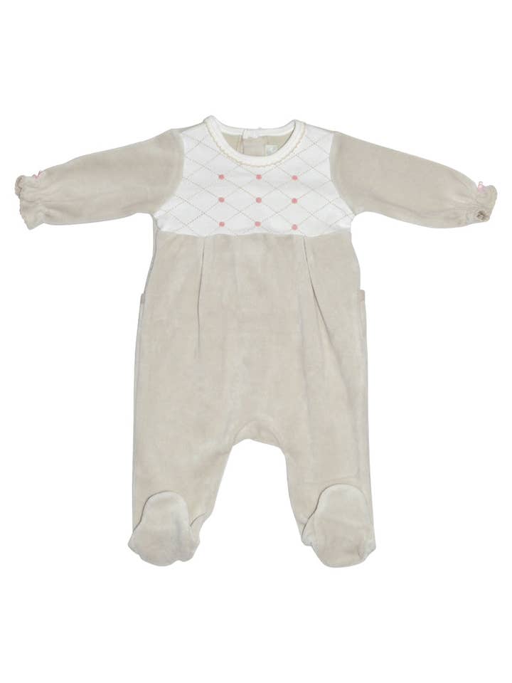 Jo og Joan Pearl Grey Velour Pige's Foddragt for engroshandel hos Baby Threads