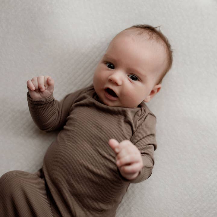 Three Little Tots - Wholesale Babygown - Baby - Cocoa Brown Ribbed Knotted Newborn Baby Gown sleepwear
