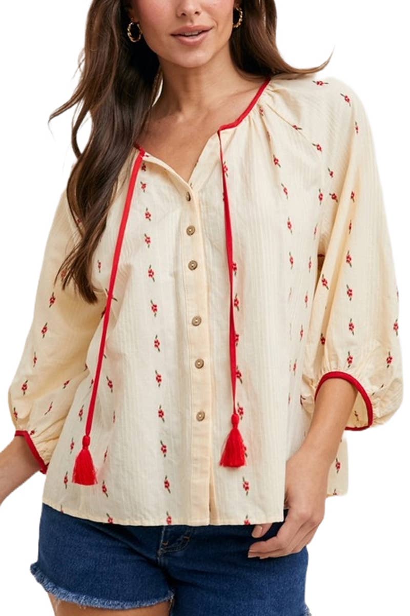 Vanilla Monkey - Vente Chemisier – femme - Blouse à cordon de serrage avec boutons et broderie florale0