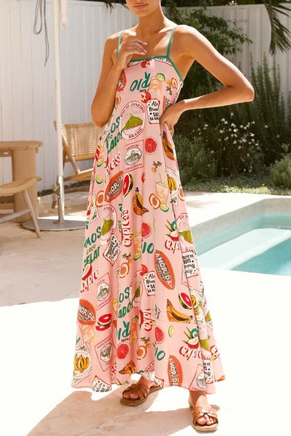 Pink 2025 Savanna Tropical Fruits print large swing flare dress for wholesale on Faire4