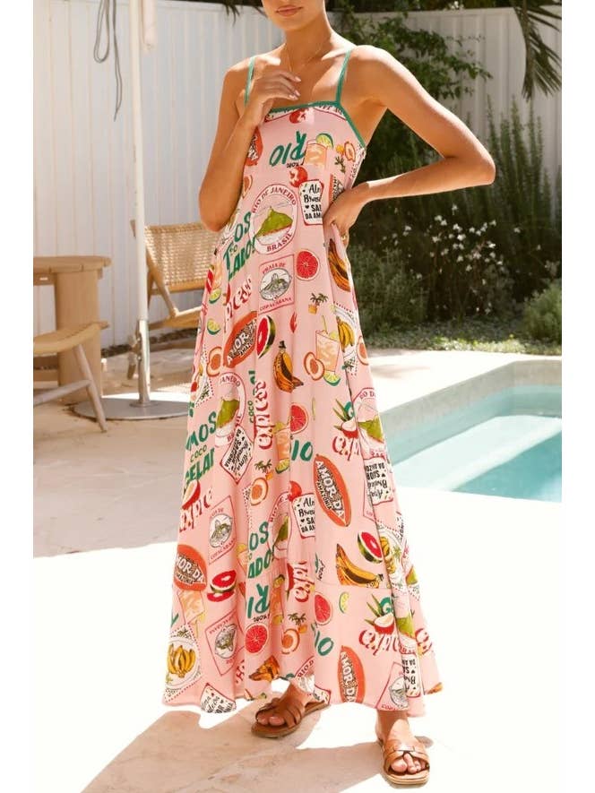 Pink 2025 Savanna Tropical Fruits print large swing flare dress for wholesale on Faire4