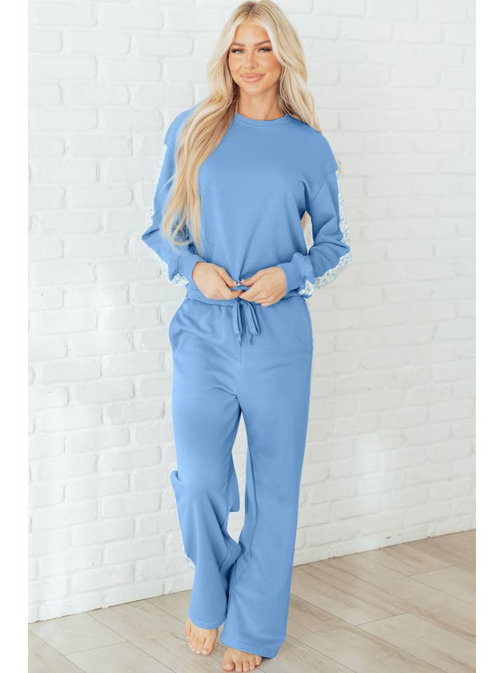 Beau Blue Floral Patchwork Pullover and Sweatpants Lounge Set for wholesale on Faire3