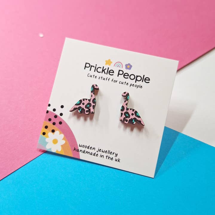 Pink Dinosaur Earrings, Leopard Print Earrings for wholesale by Prickle People