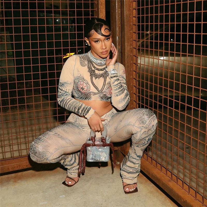 KHAKI MB FASHION TATTOO MESH CROP TOP LEGGING 2 PCS SET 1304LY for wholesale on Faire7