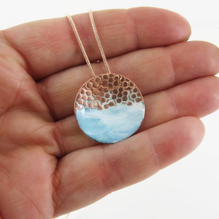 830 Degrees – wholesale Pendant/charm necklace – Round, Domed and Textured Copper Pendant with Enamel