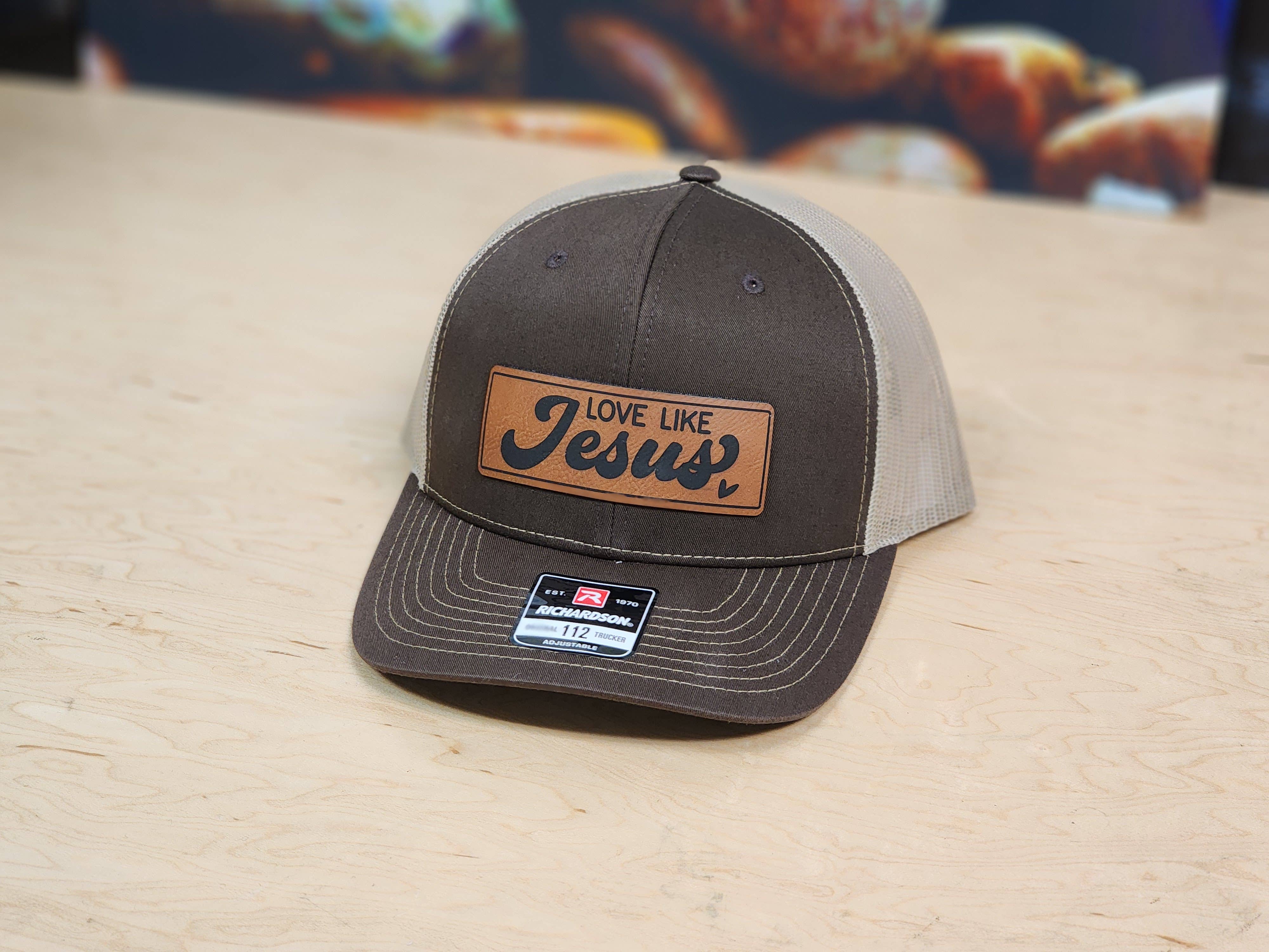 Knot Creatives - Wholesale Trucker Hat - Unisex - Richardson 112 Trucker Cap - Brown Mesh, 'Love Like Jesus' 1