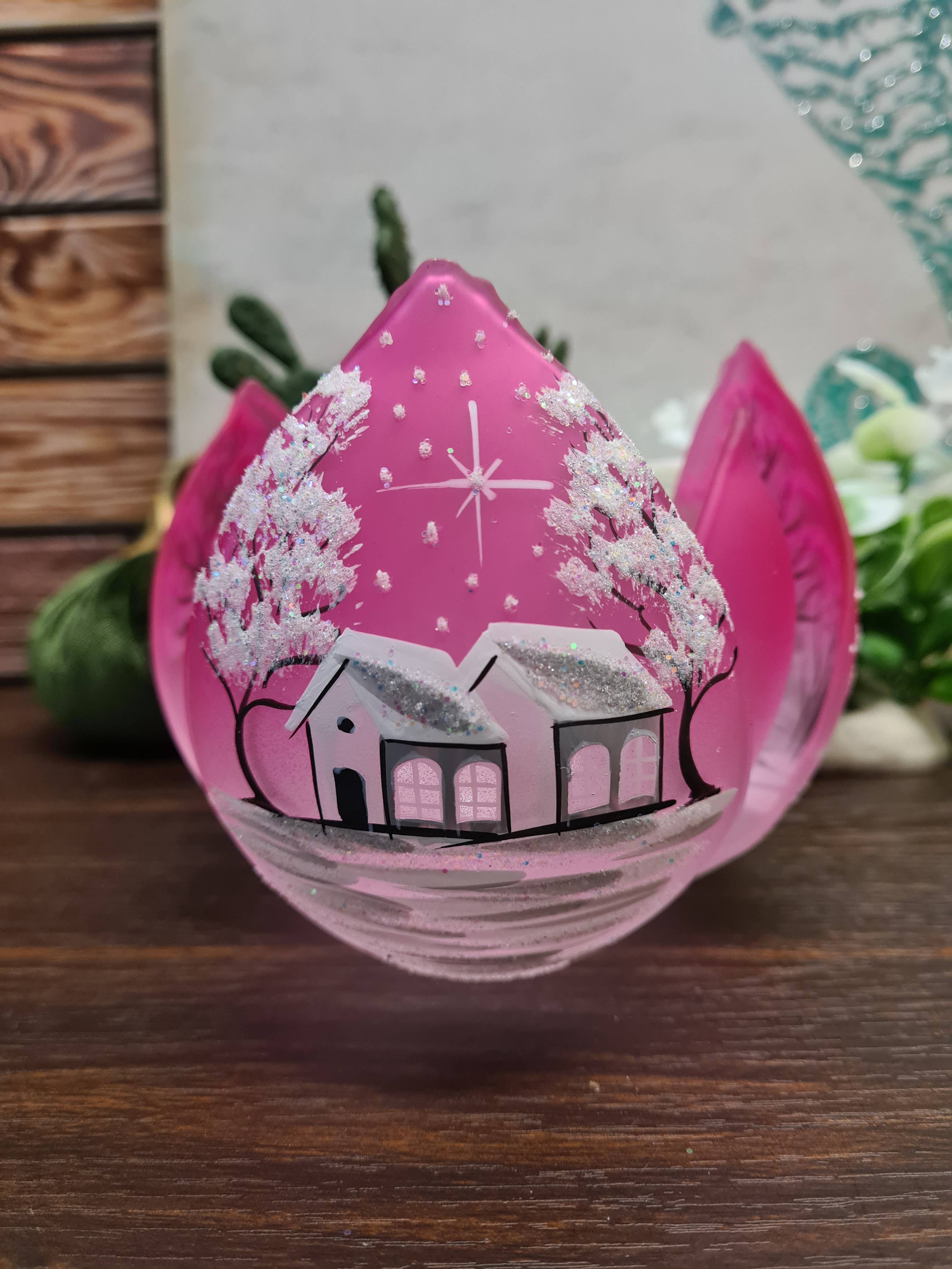 Glass by Iness - Wholesale Candle Holder - White Church In Winter Wonderland Collection - Candle Holder39